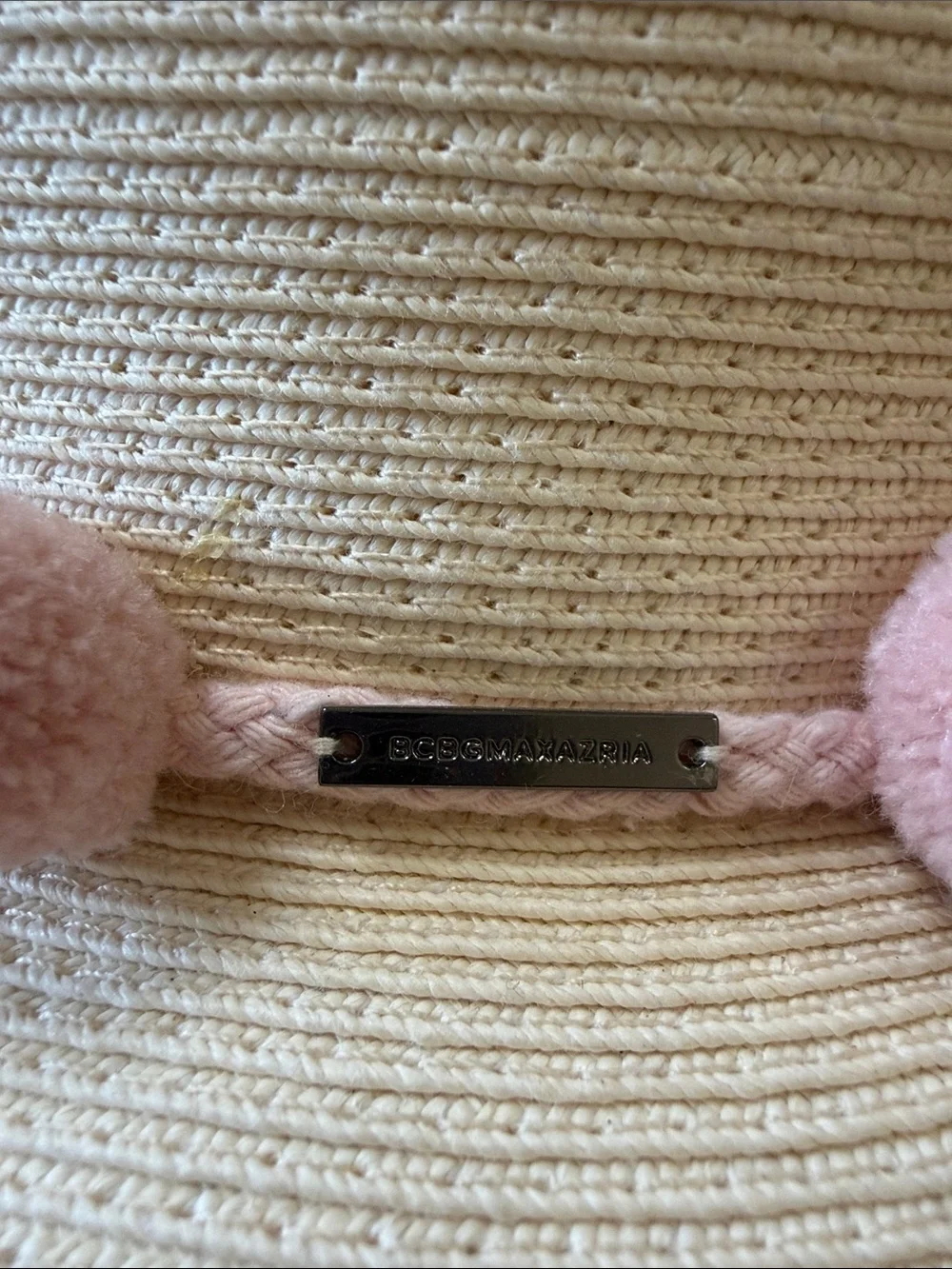 BCBG MAXAZARIA Paper Straw Boater Hat Pink Pom Poms OS